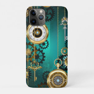 Funda Para iPhone 11 Pro Steampunk Jewelry Watch sobre un fondo verde