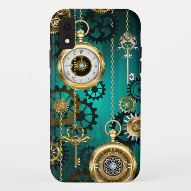Funda De Case-Mate Para iPhone Steampunk Jewelry Watch sobre un fondo verde (Reverso)