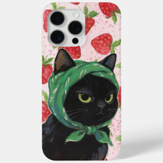 Funda Para iPhone 15 Pro Max Strawberry black Cute Cat Phone Case Kawaii