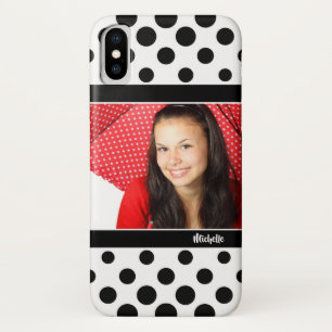 Funda Para iPhone X Su foto y nombre / Punto de Polka Negro de moda
