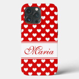 Funda Para iPhone 13 Pro Su nombre, elegante patrón de corazón rojo y blanc