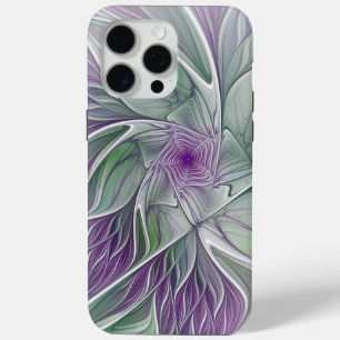 Funda Para iPhone 15 Pro Max Sueño de flores, abstracto arte fractal verde púrp