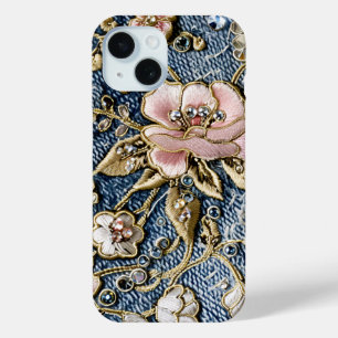 Funda Para iPhone 15 Sueños rosas con estilo de jeans bordados