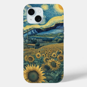 Funda Para iPhone 15 Sunflower Meadow in the Starry Night