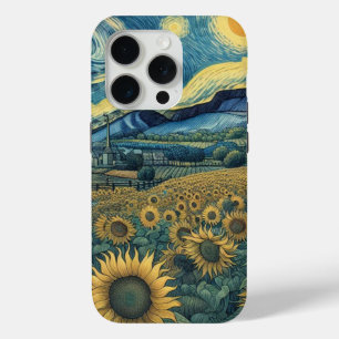 Funda Para iPhone 15 Pro Sunflower Meadow in the Starry Night
