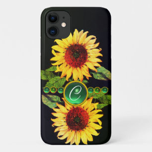 FUNDA PARA iPhone 11 SUNFLOWERS,GEMSTONES VERDES EMERRIOS FLORALES MONO