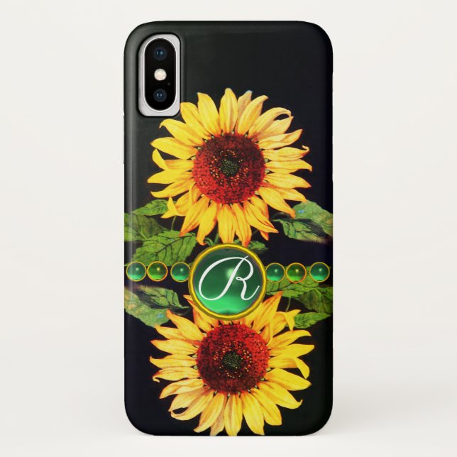 FUNDA DE Case-Mate PARA iPhone SUNFLOWERS,GEMSTONES VERDES EMERRIOS FLORALES MONO (Reverso)