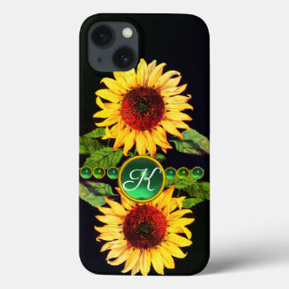 FUNDA PARA iPhone 13 SUNFLOWERS,GEMSTONES VERDES EMERRIOS FLORALES MONO