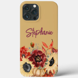 Funda Para iPhone 13 Pro Max Sunflowers Pumpkins Burgundy Fall Floral Name