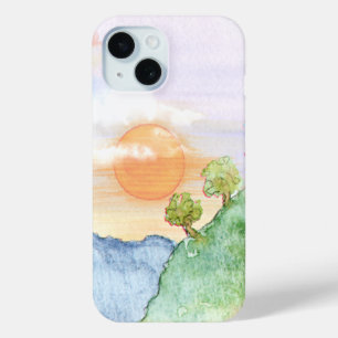 Funda Para iPhone 15 Sunset acuarela sobre montañas y árboles