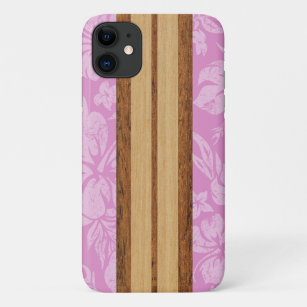 Funda Para iPhone 11 Sunset Beach Faux Wood Surfboard Hawaii Pink