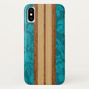 Funda Para iPhone X Sunset Beach Faux Wood Surfboard Hawaii Verde azul