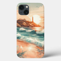 Sunset Lighthouse Ocean Beach Boho Floral