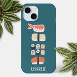 Funda Para iPhone 15 Sushi personalizado<br><div class="desc">Sushi japonés personalizado,  rollo maki y arte de comida nigiri. Proteja y haga fabuloso tu teléfono al mismo tiempo. Arte original de Nic Squirrell. Cambie o quite el nombre al personalizar.</div>