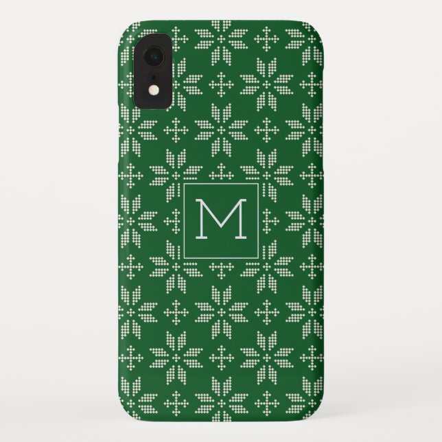 Funda De Case-Mate Para iPhone Sweater Green White FairIsle Holiday Monograma (Reverso)