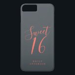 Funda Para iPhone 8 Plus/7 Plus Sweet 16 Script Coral Black 16th Birthday<br><div class="desc">Estuche de teléfono dulce de 16 años con guión de coral de moda en un fondo fuera de negro. Celebra tu 16 cumpleaños con estilo con este diseño de moda de coral y negro y simplemente agrega tu nombre. Diseñado exclusivamente para usted por Happy Dolphin Studio. Si necesita ayuda o...</div>