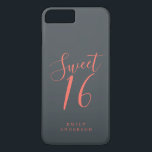 Funda Para iPhone 8 Plus/7 Plus Sweet 16 Script Coral Black 16th Birthday<br><div class="desc">Estuche de teléfono dulce de 16 años con guión de coral de moda en un fondo fuera de negro. Celebra tu 16 cumpleaños con estilo con este diseño de moda de coral y negro y simplemente agrega tu nombre. Diseñado exclusivamente para usted por Happy Dolphin Studio. Si necesita ayuda o...</div>