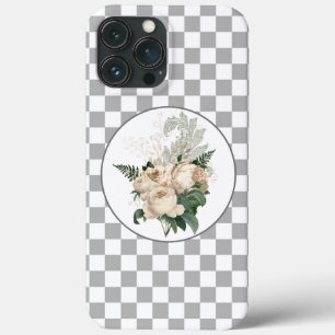 Funda Para iPhone 13 Pro Max Tablero de cheques de rosas blancas vintage