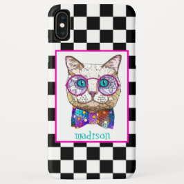 Funda Para iPhone XS Max Tablero retro B&W, gato hipster, personalizado