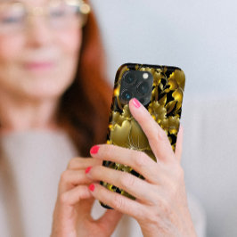 Funda Para iPhone 13 Pro Talla Floral de Oro Lujosa