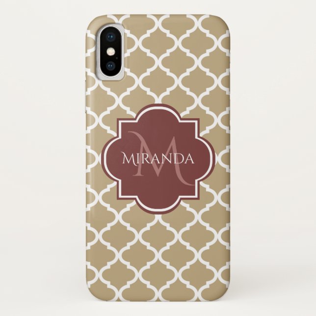 Funda De Case-Mate Para iPhone Tan elegante Quatrefoil Burgundy Monograma y nombr (Reverso)