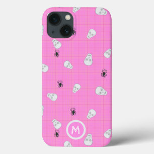 Funda Para iPhone 13 Tartán de Halloween rosa con cráneo y araña