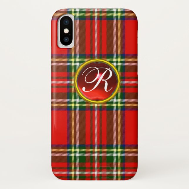 FUNDA DE Case-Mate PARA iPhone TARTÁN ESCOCIA Y MONOGRAMA DE GEMSTONE RUBY ROJO (Reverso)