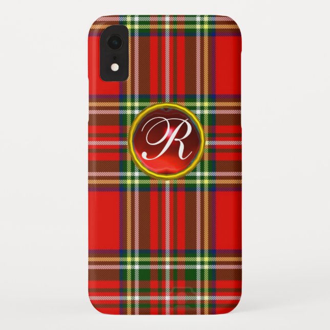 FUNDA DE Case-Mate PARA iPhone TARTÁN ESCOCIA Y MONOGRAMA DE GEMSTONE RUBY ROJO (Reverso)