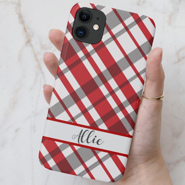 Funda De Case-Mate Para iPhone Tartán rojo, blanco y gris Personalizado (Red, White and Gray Tartan Plaid Custom Phone Case - Select your phone size and add your name!)