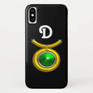 FUNDA PARA iPhone X TAURO/ORO, VERDE EMERALD ZODIAC JEWEL MONOGRAM