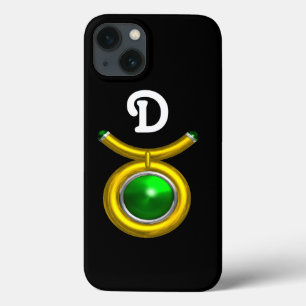 FUNDA PARA iPhone 13 TAURO/ORO, VERDE EMERALD ZODIAC JEWEL MONOGRAM