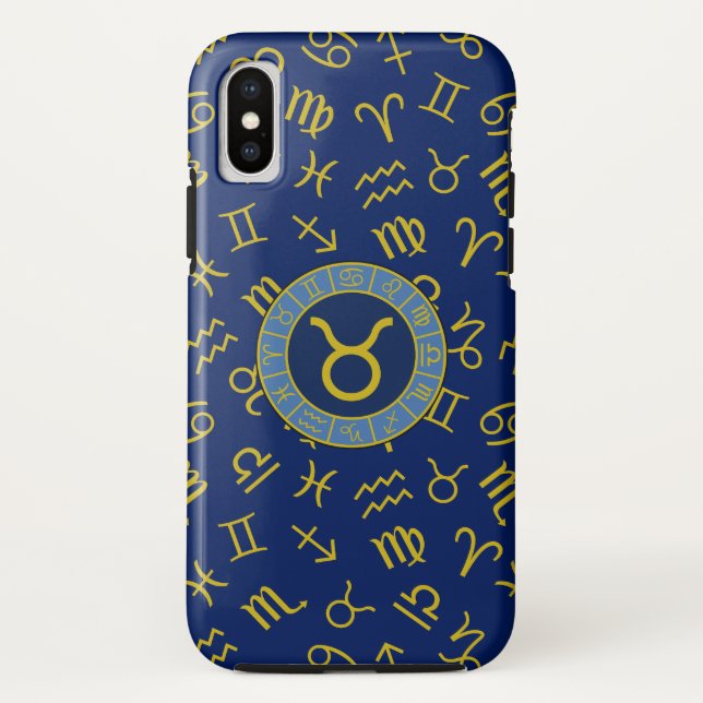 Funda De Case-Mate Para iPhone Taurus Zodiac+Símbolos Astrológicos Patrón Oro+Blu (Reverso)