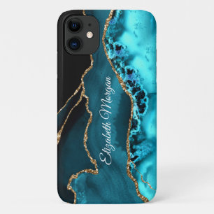 Funda Para iPhone 11 Teal de Moda, Agata Negra y Dorada & Nombre Person