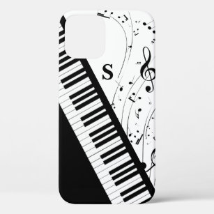 Funda Para iPhone 12 Teclado Piano Notas musicales Monograma Blanco Neg