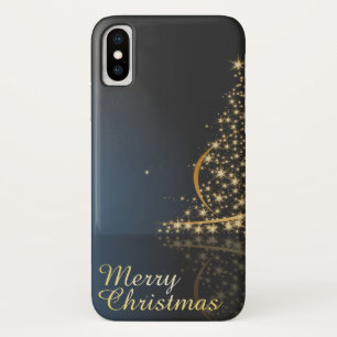 Funda Para iPhone X Tema de Navidad Azul con árbol de Navidad dorado