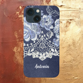 Funda Para iPhone 13 Mini Terciopelo azul falso y bordado de encaje simulado