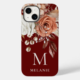 Funda Para iPhone 14 De Case-Mate Terracotta Florals Monograma Nombre inicial Borgoñ
