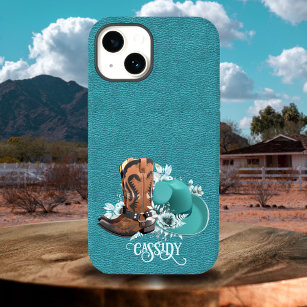 Funda Para iPhone 15 Textura de cuero cowgirl turquesa marrón