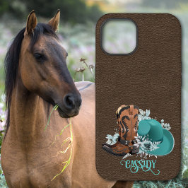 Funda Para iPhone 14 De Case-Mate Textura de cuero cowgirl turquesa marrón