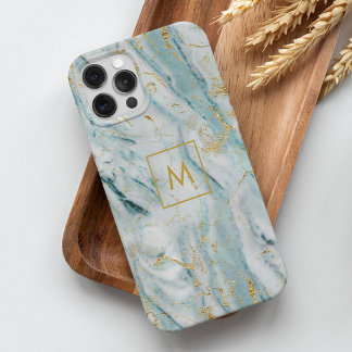 Funda Para iPhone 15 Mini Textura de mármol impresa en oro y Aqua monogramad