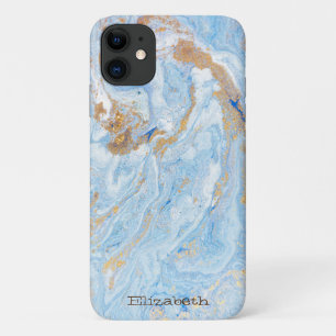 Funda Para iPhone 11 Textura de piedra de mármol azul con brillo dorado