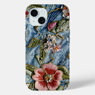 Funda Para iPhone 15 Textura emurbiada de Denim Floral de joyas