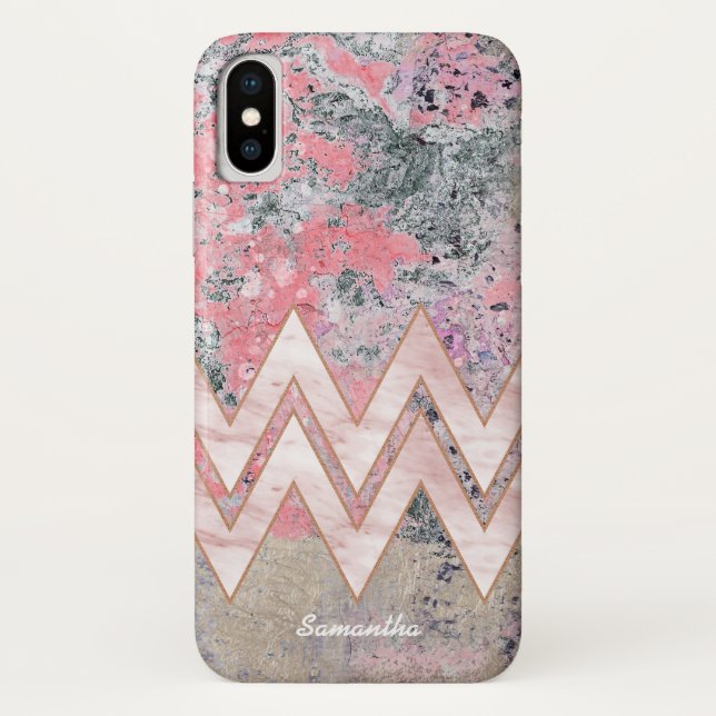 Funda De Case-Mate Para iPhone Textura rosa y Chevrons con tu nombre (Reverso)