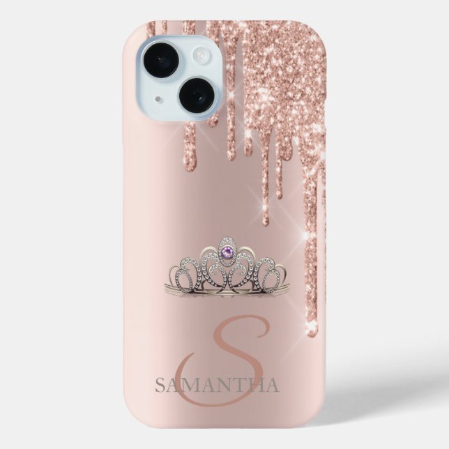 Funda De Case-Mate Para iPhone Tiara Elegante de Rosa Dorado con Drips de Brillo (Reverso )