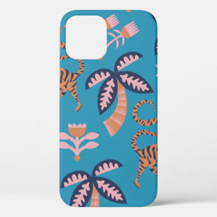 Funda Para iPhone 12 tigre de color retro vintage, palmera, costurero f