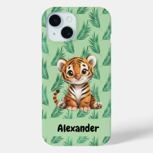 Funda Para iPhone 15 Tigre Personalizado y dulce sobre hojas tropicales