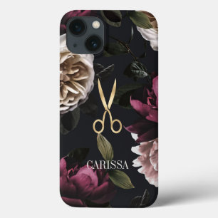 Funda Para iPhone 13 Tijeras hairstylista de oro sobre la floral oscura