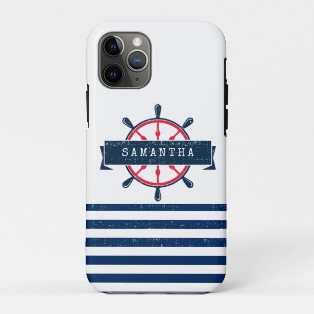 Funda De Case-Mate Para iPhone Timón de barco náutico, rayas azul marino (Reverso)