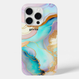 Funda Para iPhone 15 Pro Tinta de mármol pastel arte purpurina abstracto