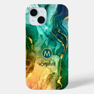 Funda Para iPhone 15 Tinta líquida azul oscuro, verde y amarillo, monog